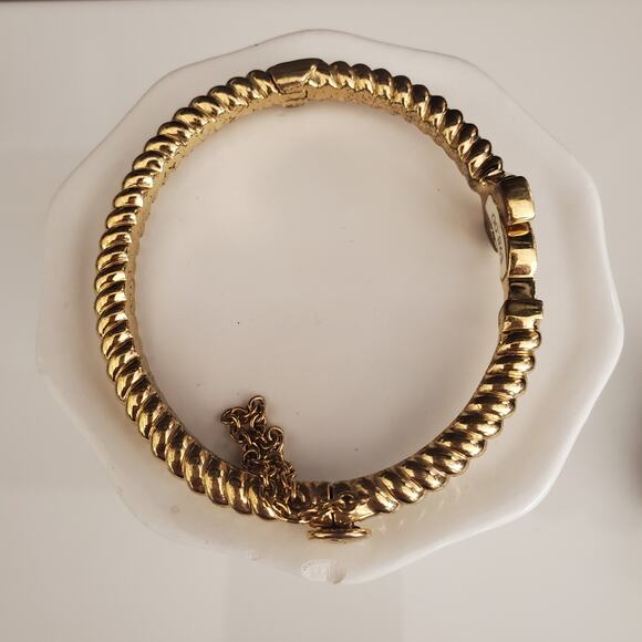 Coach Hinged Bangle with Pave Crystal Anchor Braided Gold Tone Safety Clasp - Picture 4 of 12